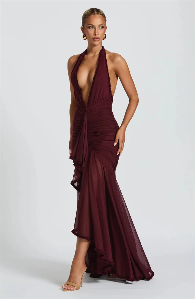 Elegant Halter Deep V Neck Maxi Dress Women