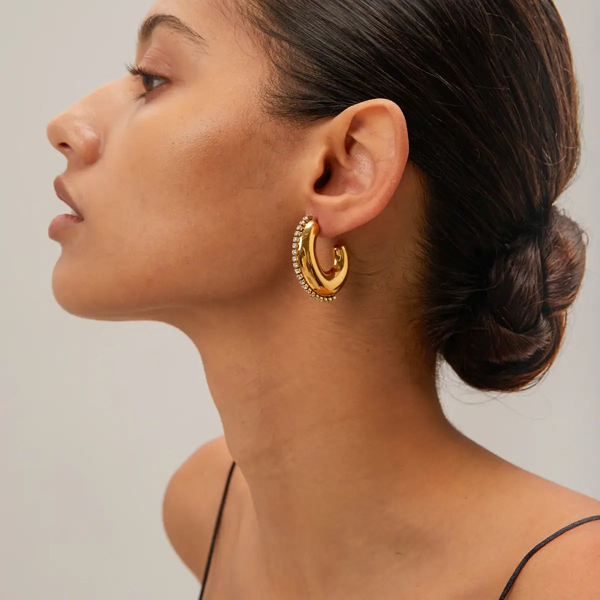 Delicate Rhinestone Inlay Stainless Steel Hoop Earrings