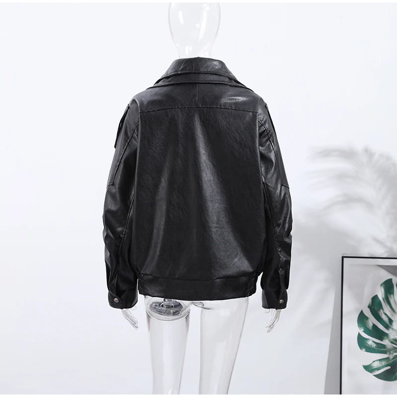 Retro PU Leather Stand Collar Jacket Women