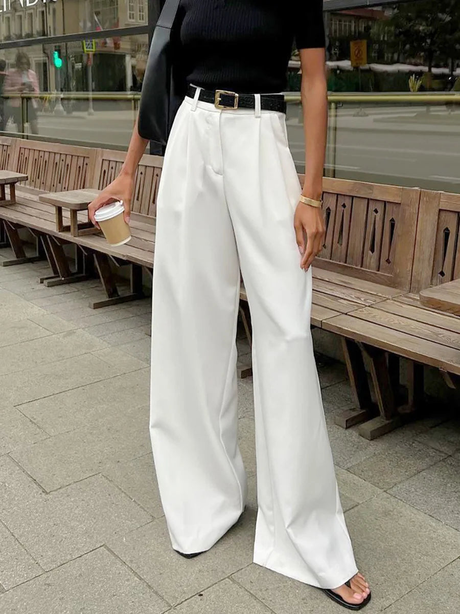 Solid Minimalist Spliced Pockets Pant for Women High Waist Loose