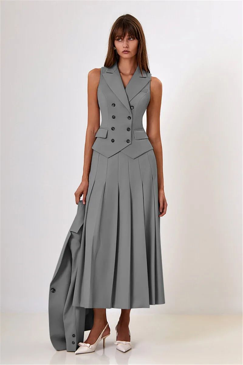Two Piece Sets Women Double-breasted Vest And Split Skirt Matching
