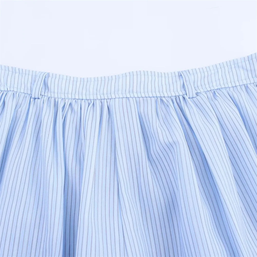 Women’s Lace Detail Striped Short Shirt Fluffy Mid Waist Skirt Pants Set