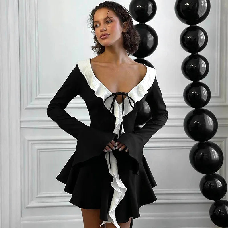 Deep V Neck Ruffles Contrast Dress Women's - Norellé