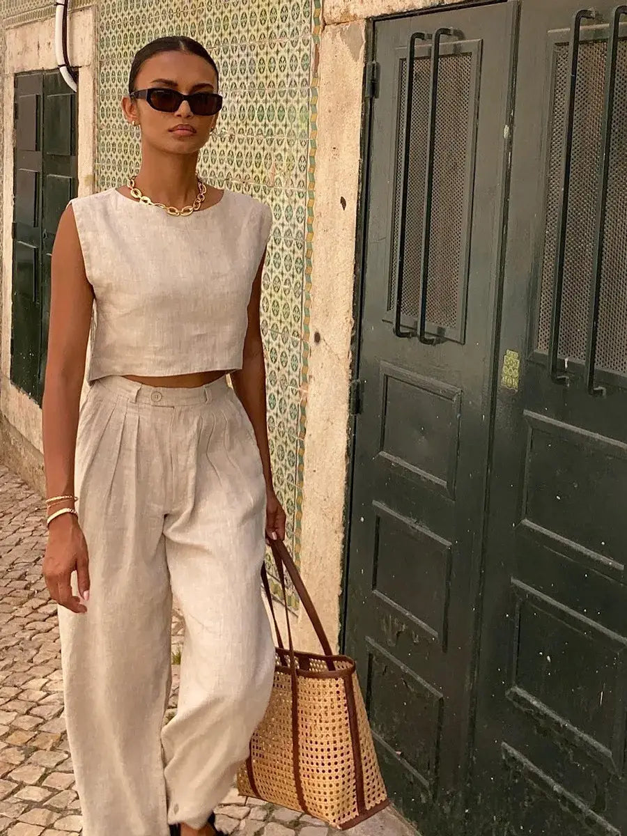 Cotton Linen Vest Pants Set Women