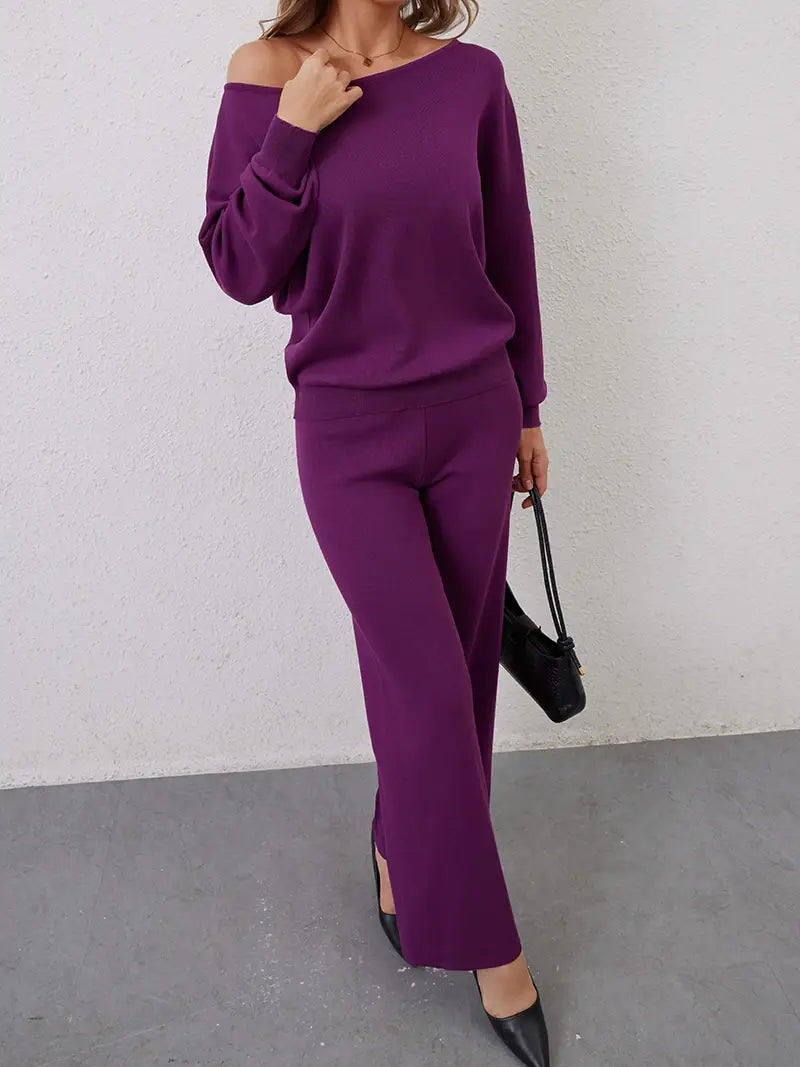 Elegant Winter Knit Pants Set Woman