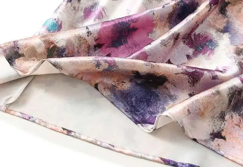 Women Spring Summer Floral Print Satin Long Skirt