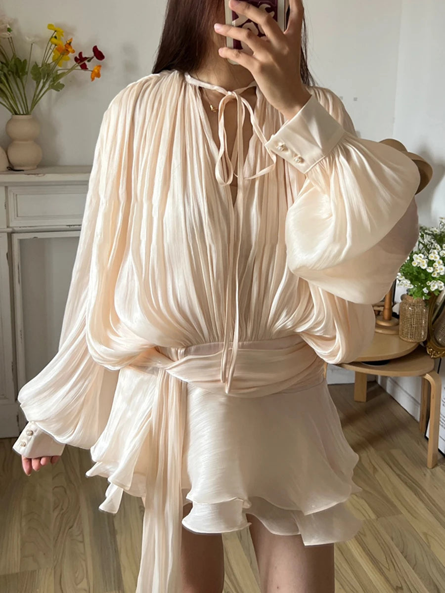 Solid Blouse Mini Dresses For Women V Neck Long Sleeve - Norellé