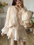 Solid Blouse Mini Dresses For Women V Neck Long Sleeve - Norellé