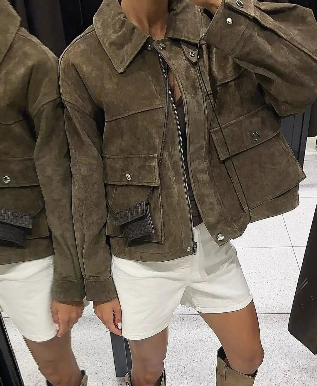 Women Front Patch Pockets Faux Leather Bomber Jacket