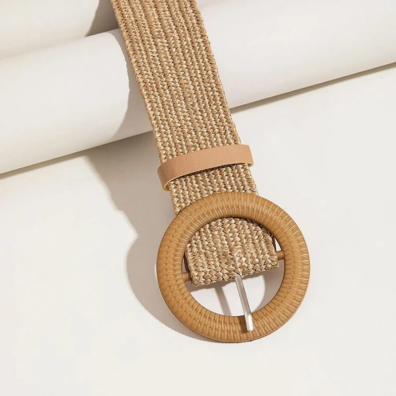 Women Round Buckle Boho Straw Belt