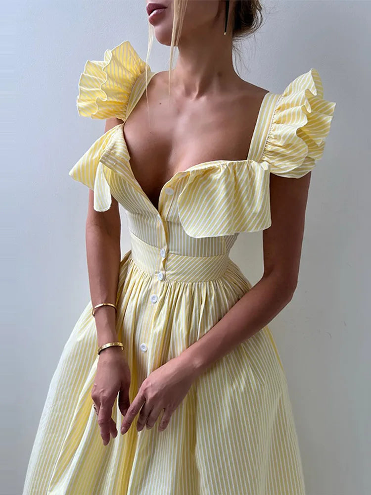 Flying Sleeve Ruffle Striped Slip Long Dress Women - Norellé