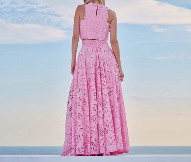 Sleeveless Embroidered Hollow Lace Long Skirt Vacation Set Two-Piece