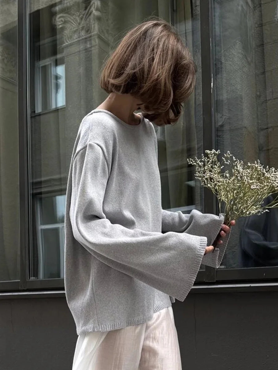 Backless O-neck Cotton Knit Sweater