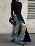 Black Asymmetrical Maxi Dress For Women's O Neck Long Sleeve - Norellé