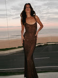 Square Collar Mesh Patchwork Diamonds Long Dress Women - Norellé