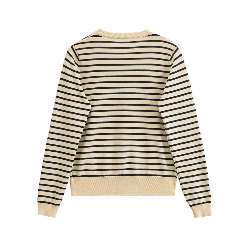 Women’s Simple Round Neck Long sleeved Striped Fine Knitted Cardigan