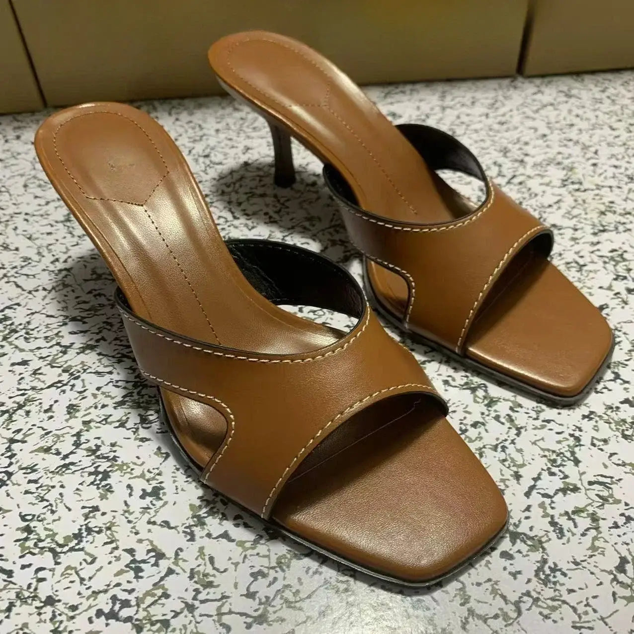 Elegant Brown Square Toe High Heels