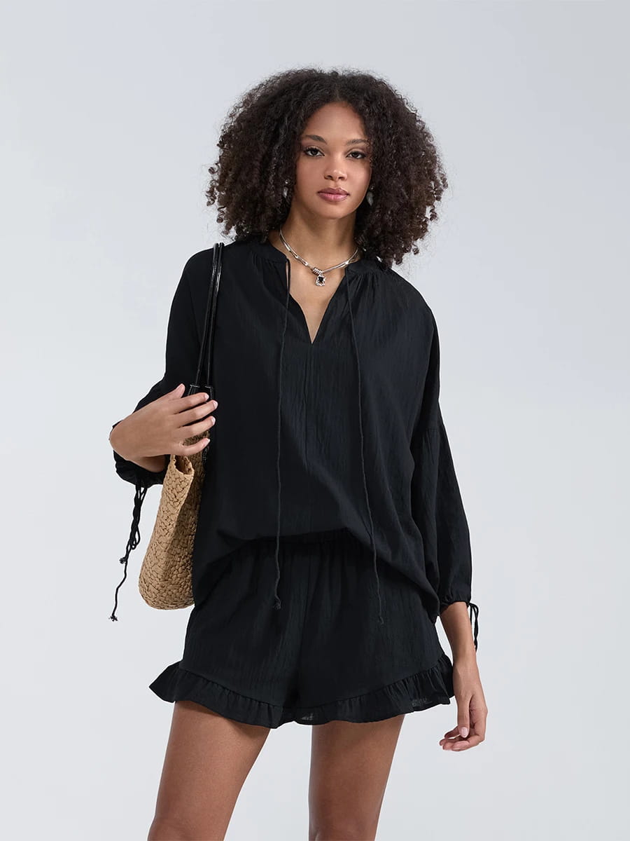 Casual Women Outfit Long Sleeve V-Neck Top with Tie-Up Detail and Elastic Waist Shorts Set