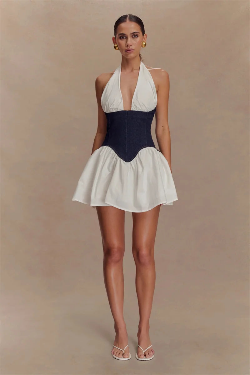 Patchwork Denim Backless Mini Dress Women