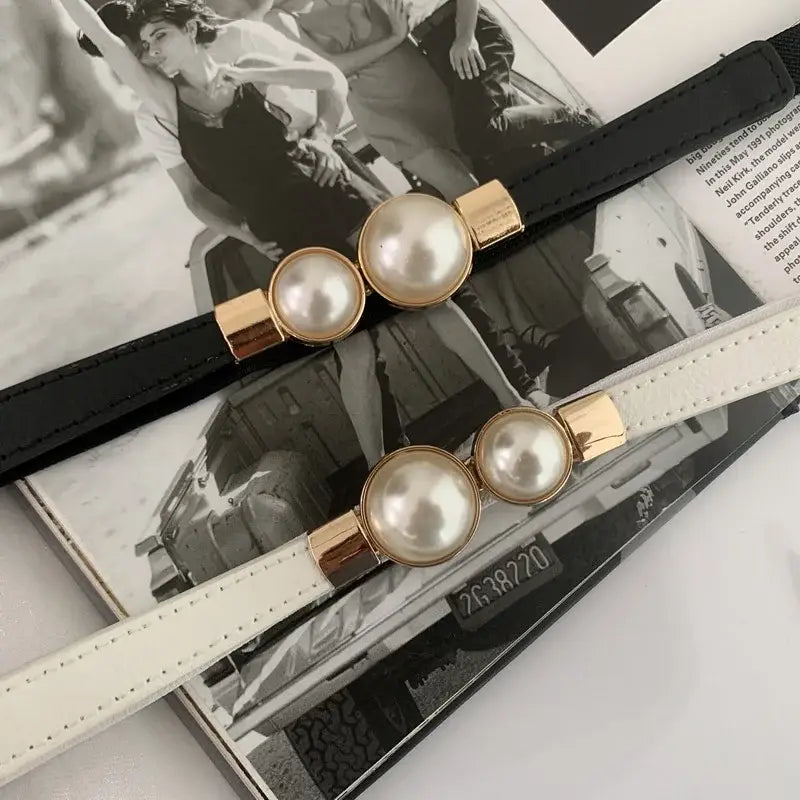 Elegant Double Pearls Buckle Elastic Women Belts