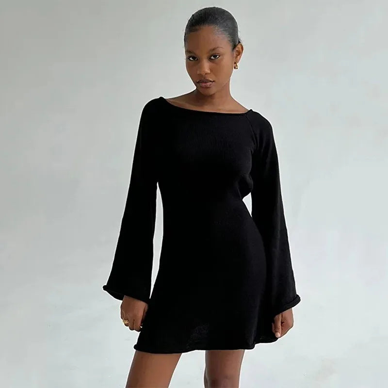 Backless Knitwear Lace-Up Mini Dress