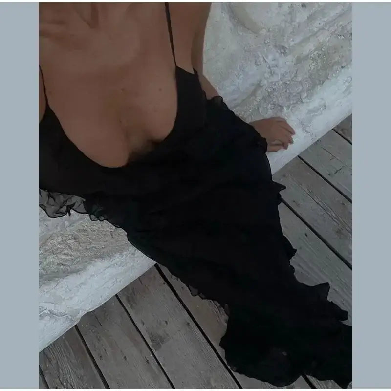 Women Black Stacked Ruffle Hem Long Dress