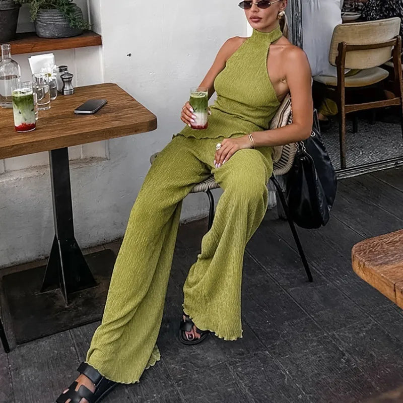 Hanging Green Pants Set Sleeveless Backless Two-piece