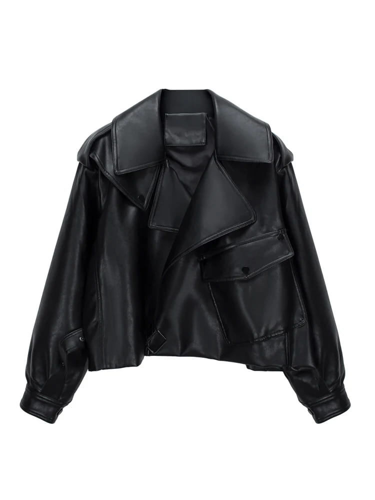 High Street Women Lapel Loose Pu Faux Leather Short Jacket