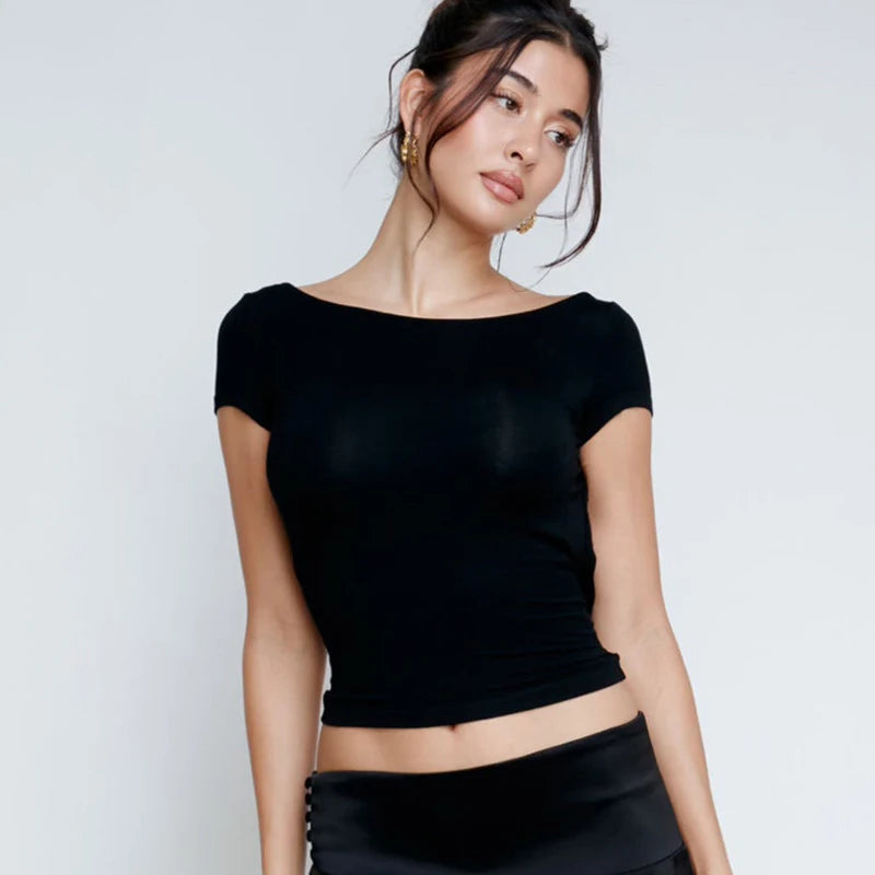 O Neck Short Sleeve Backless Ruched Crop Top