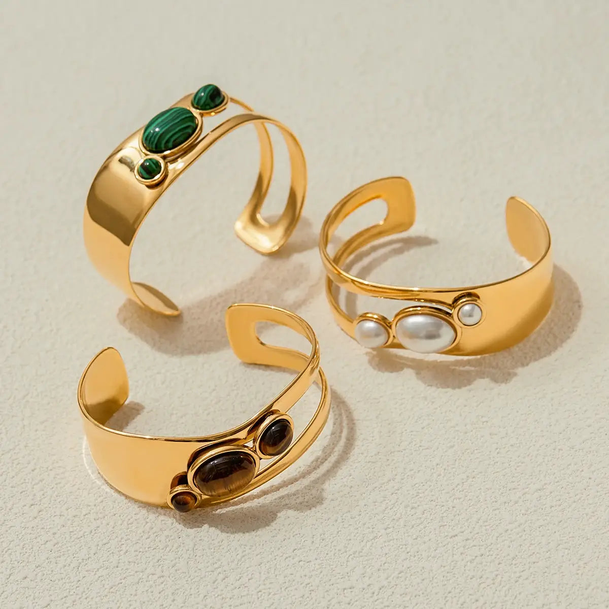 Stainless Steel Natural Stone Tiger Eye Smooth Hollow Bracelet