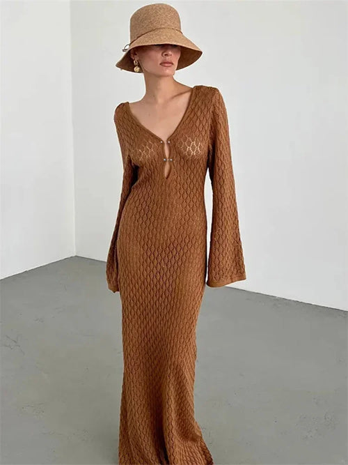 White Knit Fashion Cover up Maxi Dress Female See-Through V-Neck - Norellé