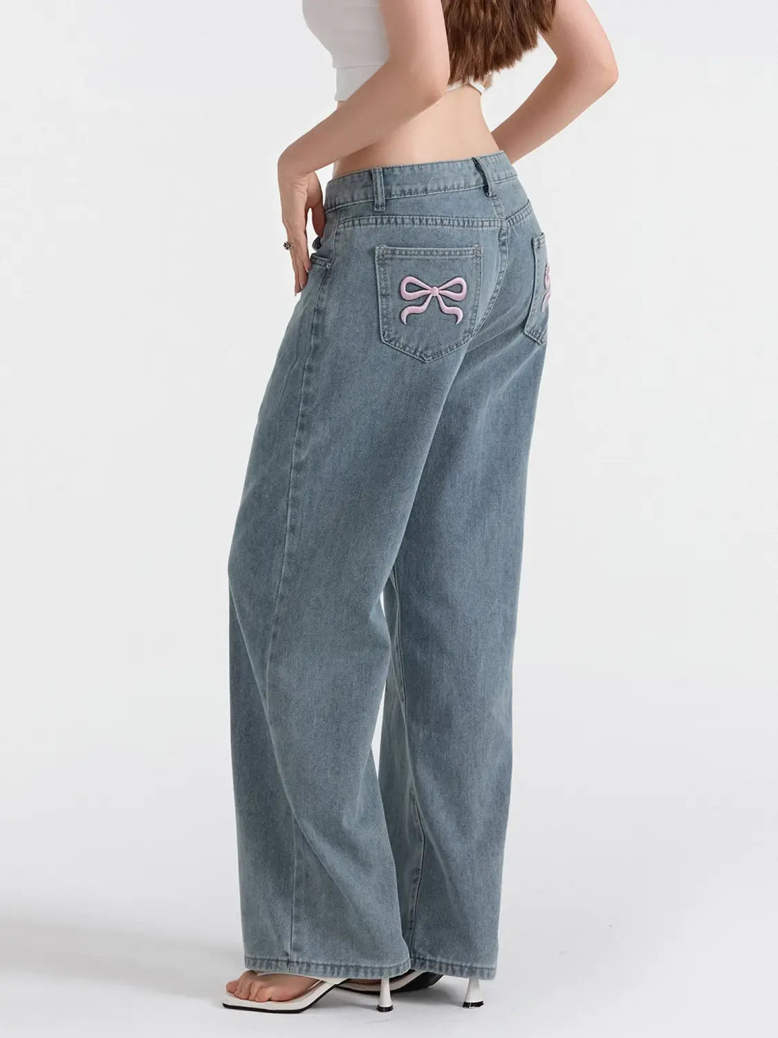 Low Waist Zipper Button Closure Bow Loose Trousers Women