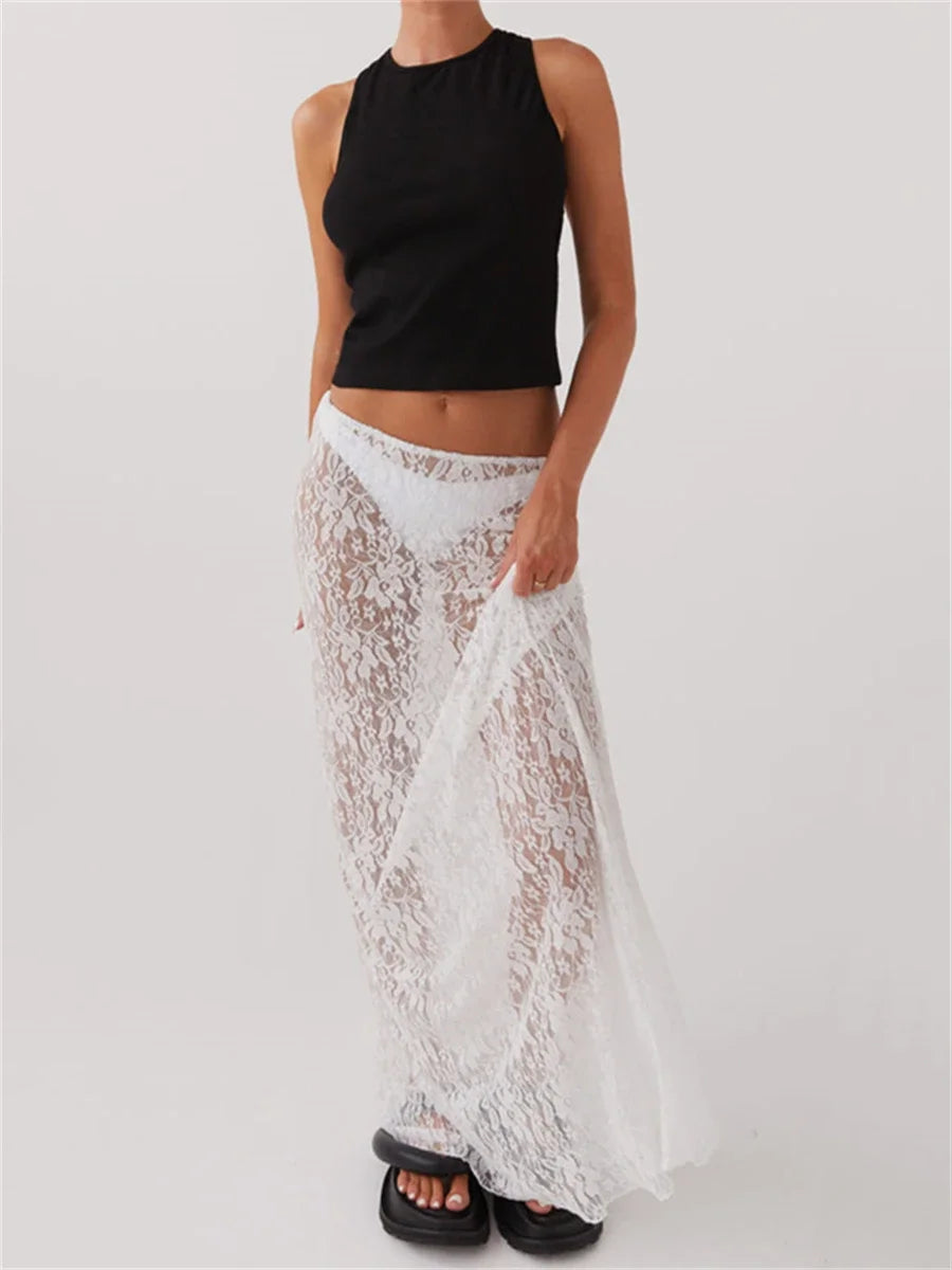 Women Lace Long Skirt Low Rise A-line Midi Skirt - Norellé