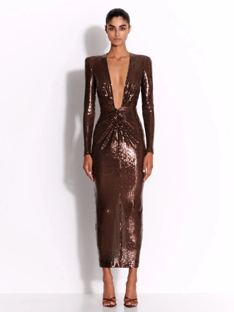 Deep V Neck Long Sleeve Sequins Long Dress Women - Norellé