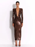 Deep V Neck Long Sleeve Sequins Long Dress Women - Norellé