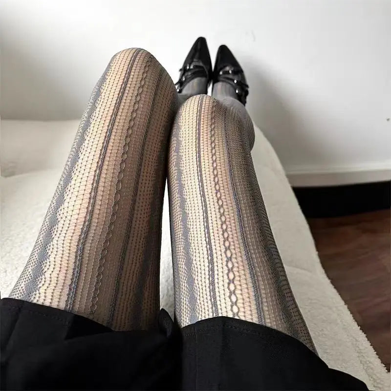 Striped Tights Women Figures Hollow-Out Lace Fishnet