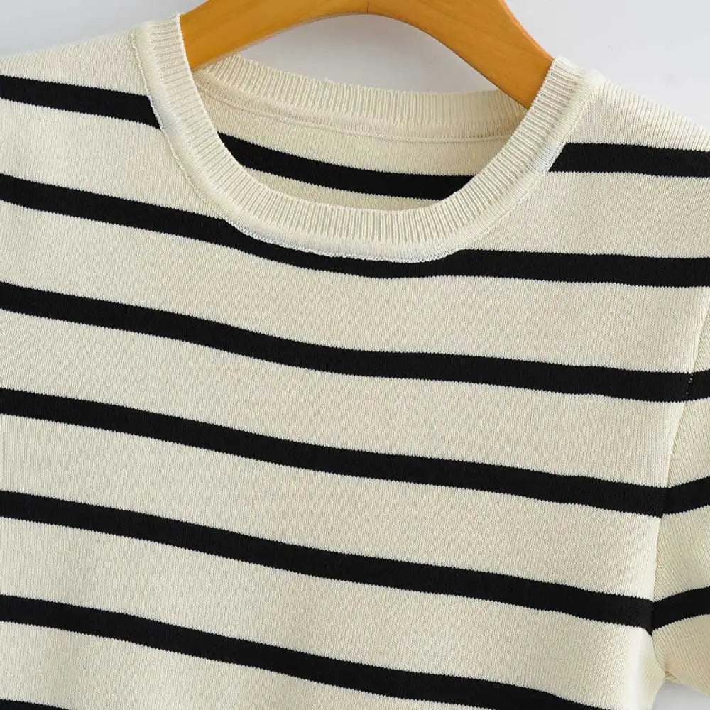 Women Fashion Striped Basic Cropped Knit Sweater