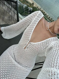 White Knit Fashion Cover up Maxi Dress Female See-Through V-Neck - Norellé