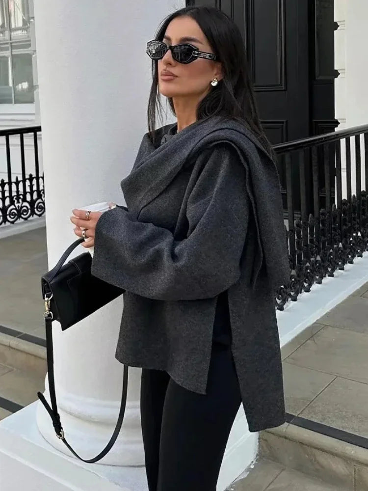 Women's Asymmetric Scarf Knitted Jacket O-neck Single Button Side - Norellé