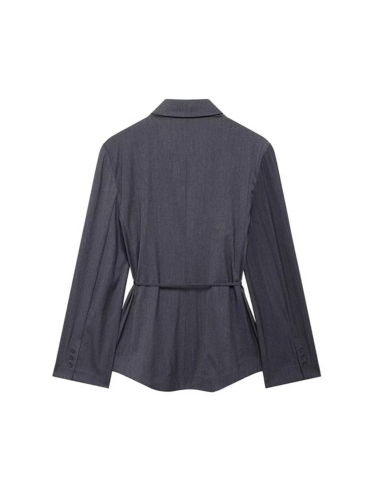 Women Fashion With Belt Striped Single Breasted Blazer Vintage