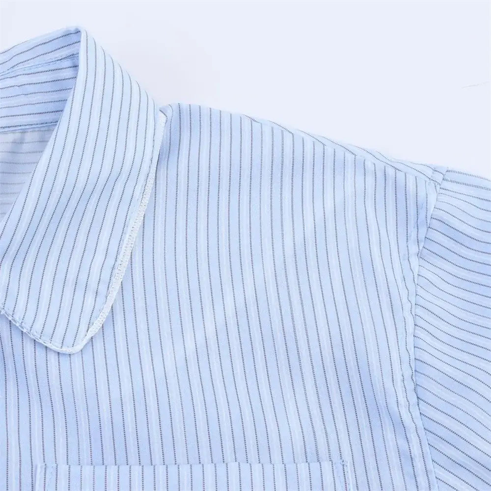 Women’s Lace Detail Striped Short Shirt Fluffy Mid Waist Skirt Pants Set