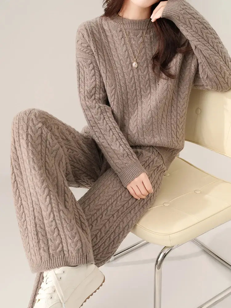 100% Wool Suit Women’s Pullover Sweater Knitting O-neck Wide Leg Pant