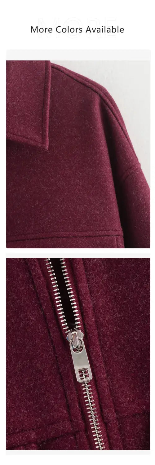 Women’s Clothing Style Fashion Versatile Wine Red Large Pocket Zipper Woolen Coat