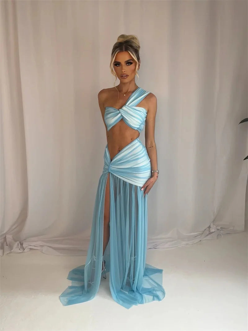 Summer Skirt Two Piece Sets Women One Shoulder Crop Top And Maxi