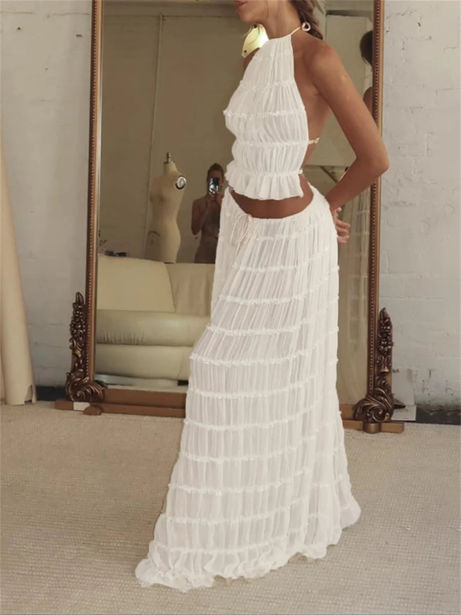 Fashion Solid Halter Neck Long Skirt Suit Women