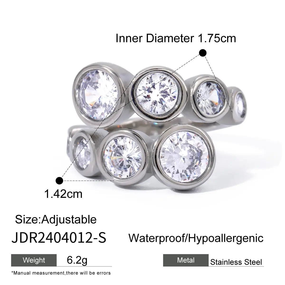 Waterproof Shiny Cubic Zirconia Exquisite Stainless Steel Chic Open Ring