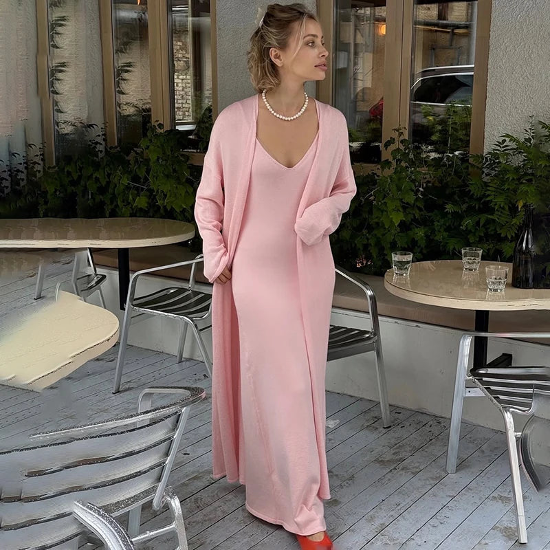 Women Long Dress Three Piece Solid Knit Halter Dress Long Sleeve Cardigan Set - Norellé