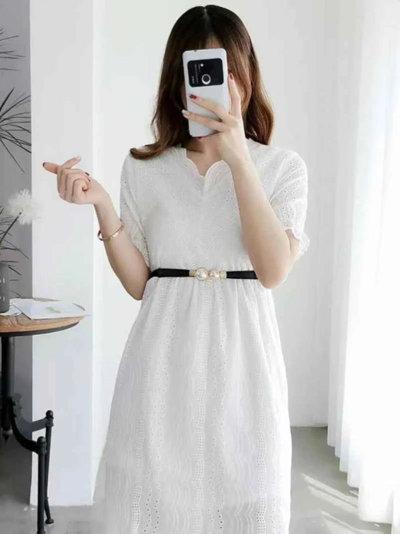 Elegant Double Pearls Buckle Elastic Women Belts