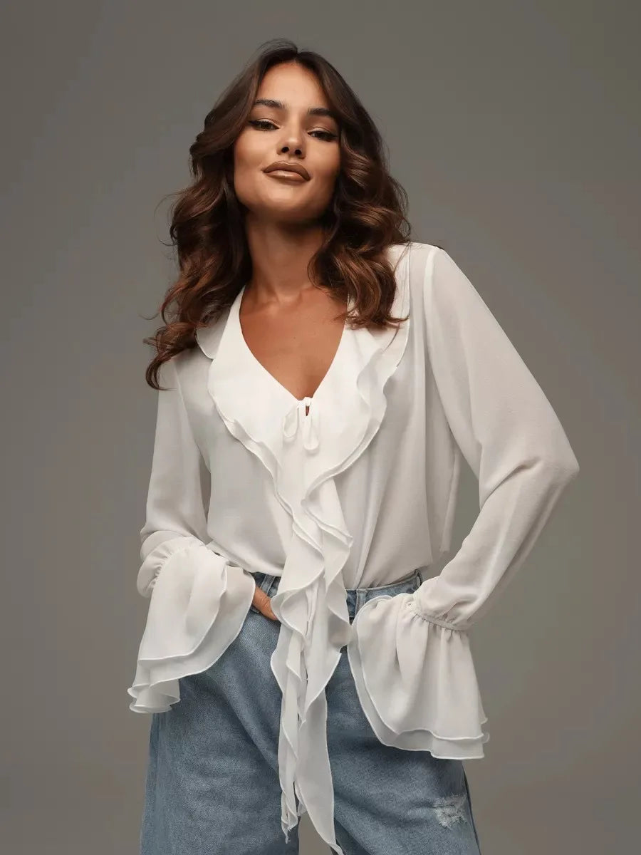 Elegant White Chiffon Ruffle Shirt Women