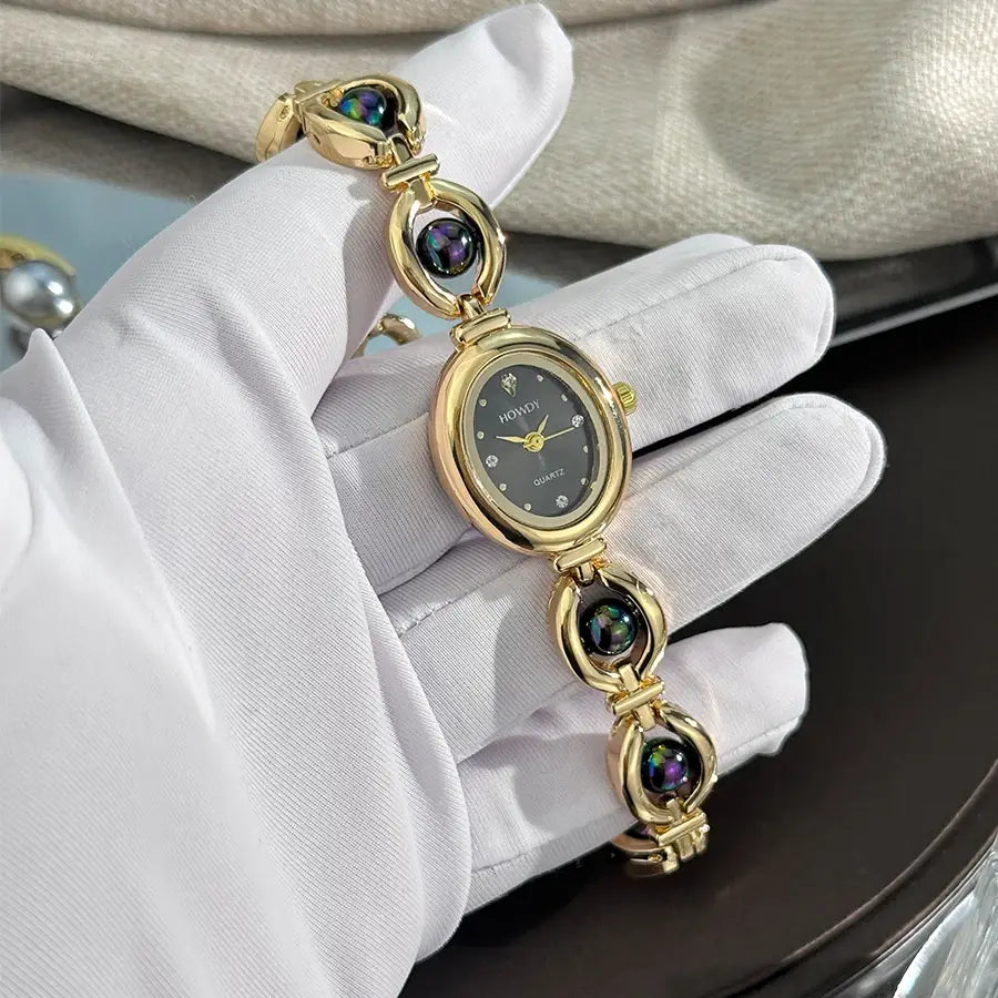 Ladies’ Oval Sun Print Rhinestone Dial Elegant Lady Quartz Watch